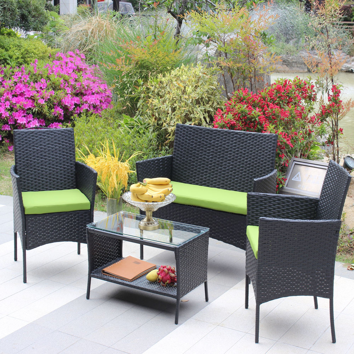 Doba 4 PC Rattan Patio Furniture Set Outdoor Patio Cushioned Seat Wicker Sofa
