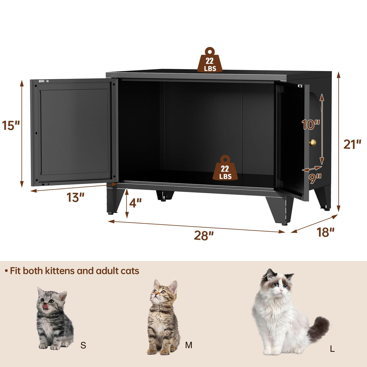 Doba Metal Cat Litter Box Enclosure, Modern Hidden Litter Box Furniture Indoor Pet House, Freestanding Cat Washroom Cabinet Fits Most Standard Litter Boxes, Black Decorative Pet Side Table for Home