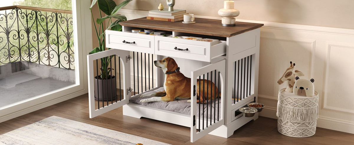 Doba 43.3" Farmhouse Dog Crate Furniture, Wooden Dog Kennel with 2 Storage Drawers and Rotating Food Bowls, Secure Metal Bar Crate for Lage & Medium Dogs, Indoor Dog Crate Side Table, White and Brown