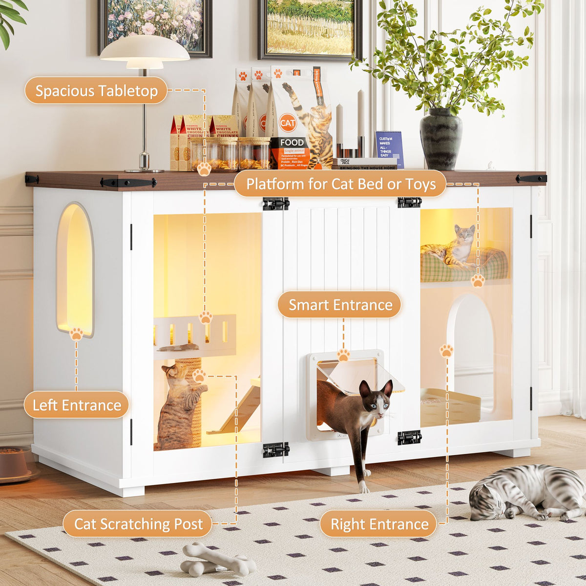 Doba 47.25" Large Cat Litter Box Enclosure with LED Light, Hidden Litter Box Furniture, Cat House with Stairs and Cat Scratching Post, Cat Cabinet Side Table with Smart Doors for Living Room White