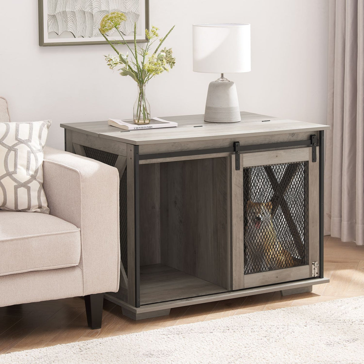 Doba Farmhouse Dog Cage Crate Furniture with Sliding Barn Door, Farmhouse Wooden Dog Kennel End Table with Flip-top Plate Dog House with Detachable Divider for Small/Medium/Large Dog Gray