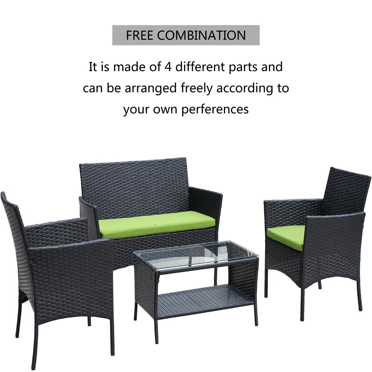 Doba 4 PC Rattan Patio Furniture Set Outdoor Patio Cushioned Seat Wicker Sofa