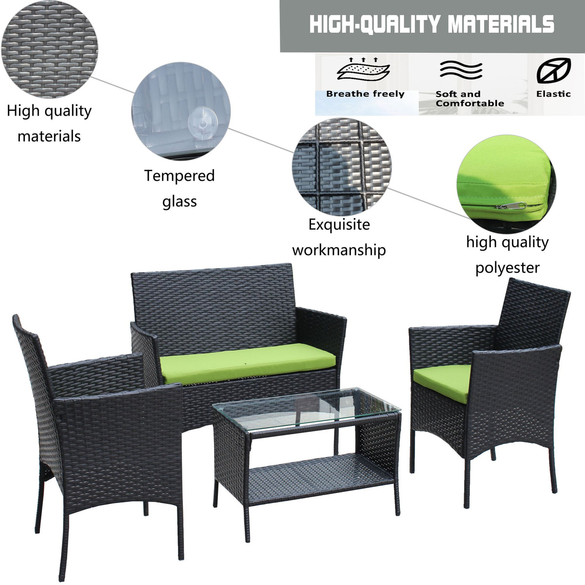 Doba 4 PC Rattan Patio Furniture Set Outdoor Patio Cushioned Seat Wicker Sofa