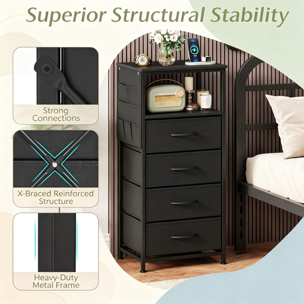 Doba Modern Nightstand with Integrated Charging Station Bedside Table 34" for Bedroom Furniture And Storage