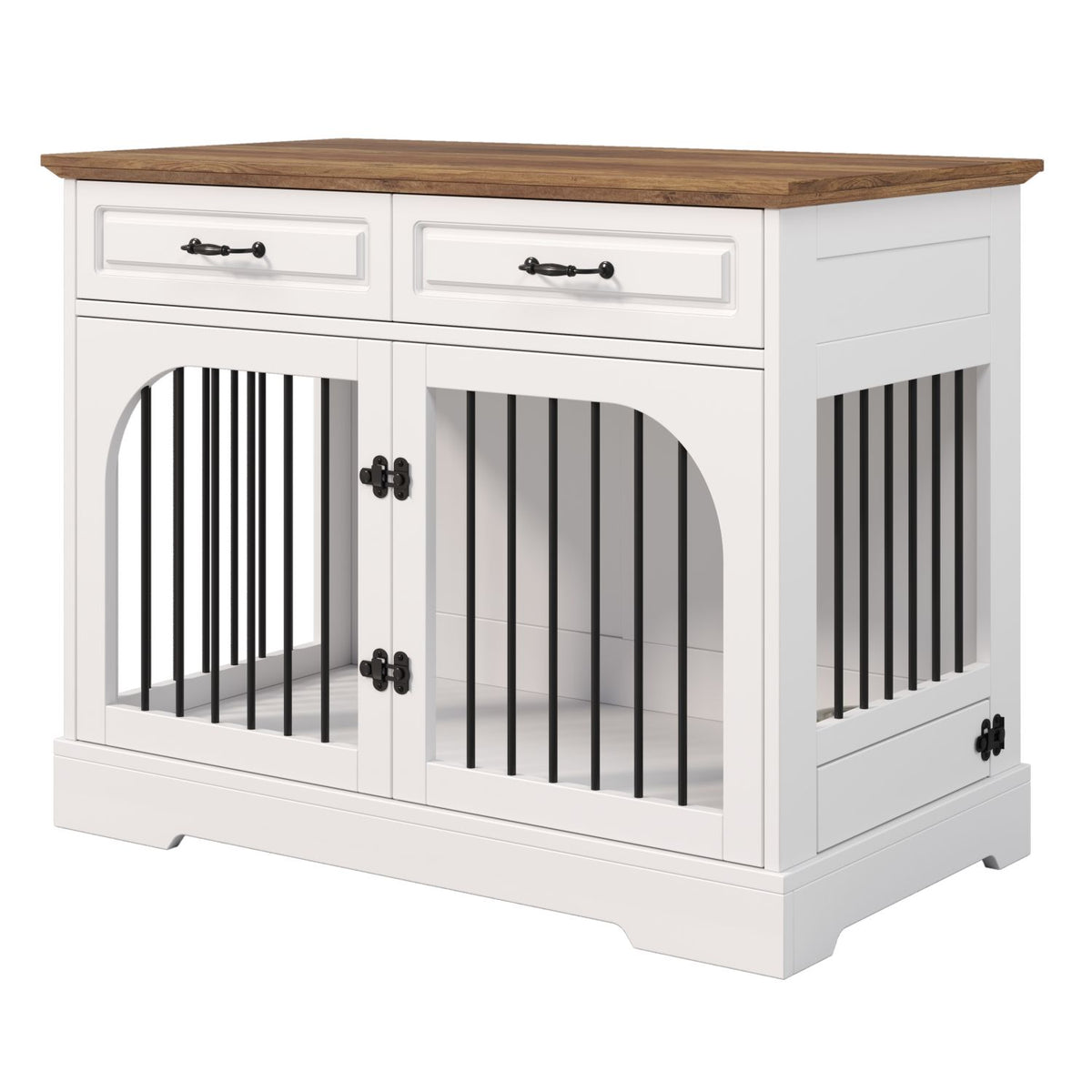 Doba 43.3" Farmhouse Dog Crate Furniture, Wooden Dog Kennel with 2 Storage Drawers and Rotating Food Bowls, Secure Metal Bar Crate for Lage & Medium Dogs, Indoor Dog Crate Side Table, White and Brown