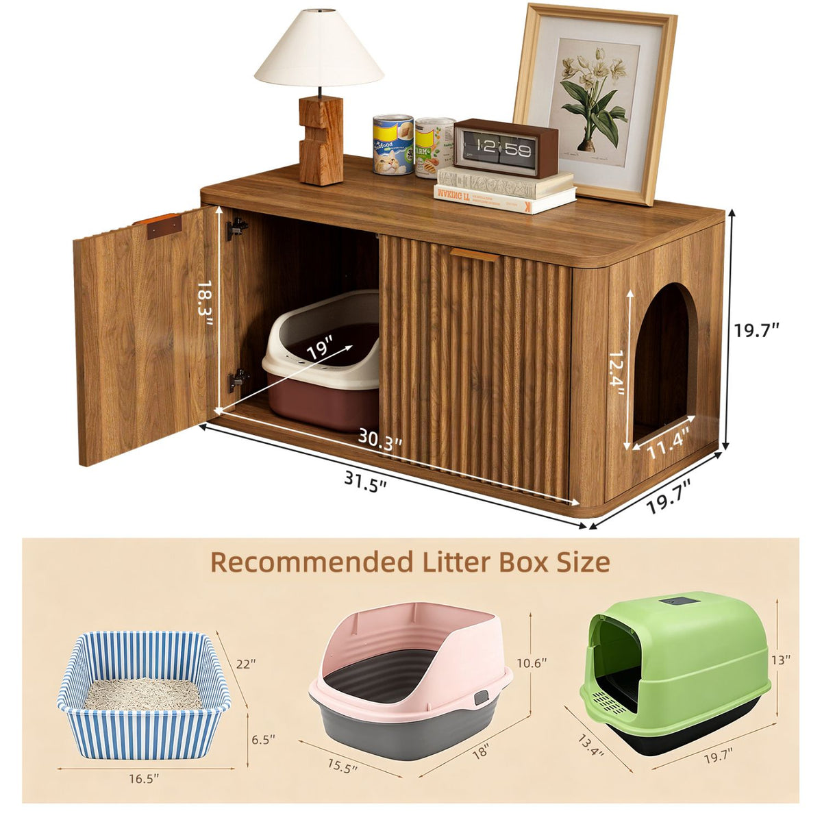 Doba 31.5" Walnut Cat Litter Box Enclosure Furniture, Large Decorative Hidden Litter Box Cabinet, Fluted Mid Century Modern Kitty End Table for Living Rooms, Bedrooms, Entryways (WALNUT)