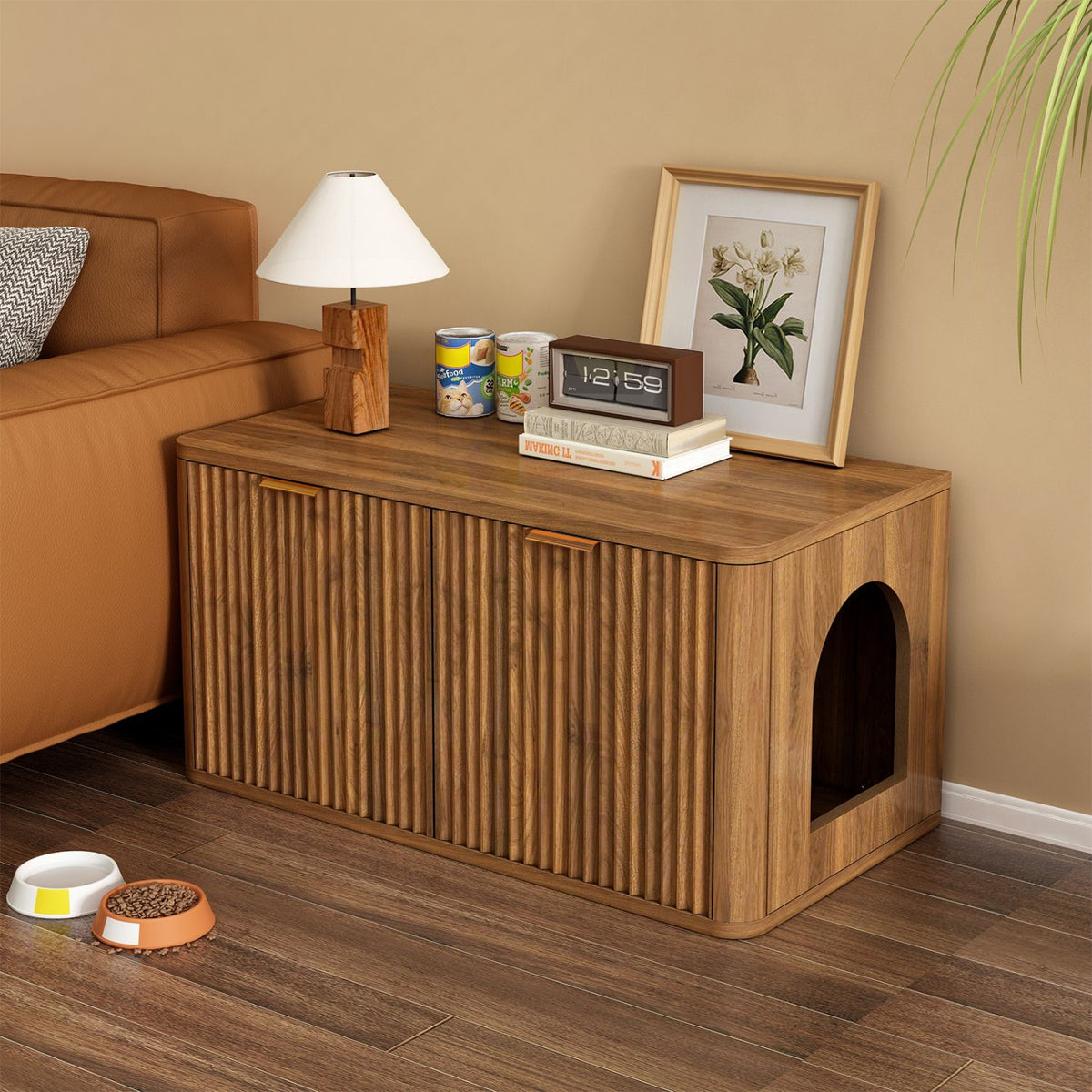 Doba 31.5" Walnut Cat Litter Box Enclosure Furniture, Large Decorative Hidden Litter Box Cabinet, Fluted Mid Century Modern Kitty End Table for Living Rooms, Bedrooms, Entryways (WALNUT) as Pic