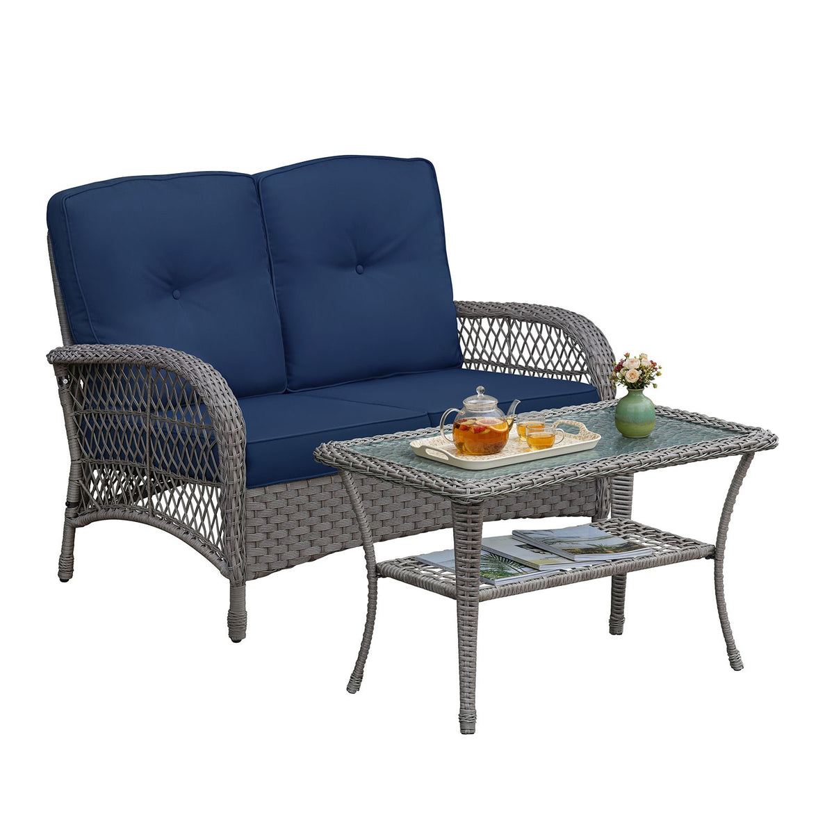 Doba 2 Piece Outdoor Wicker Patio Furniture Set, 2-Seater Rattan Loveseat with Tempered Glass Coffee Table, Water-Resistant Navy Blue Cushions, All-Weather Conversation Set for Porch, Backyard, Poolside, B