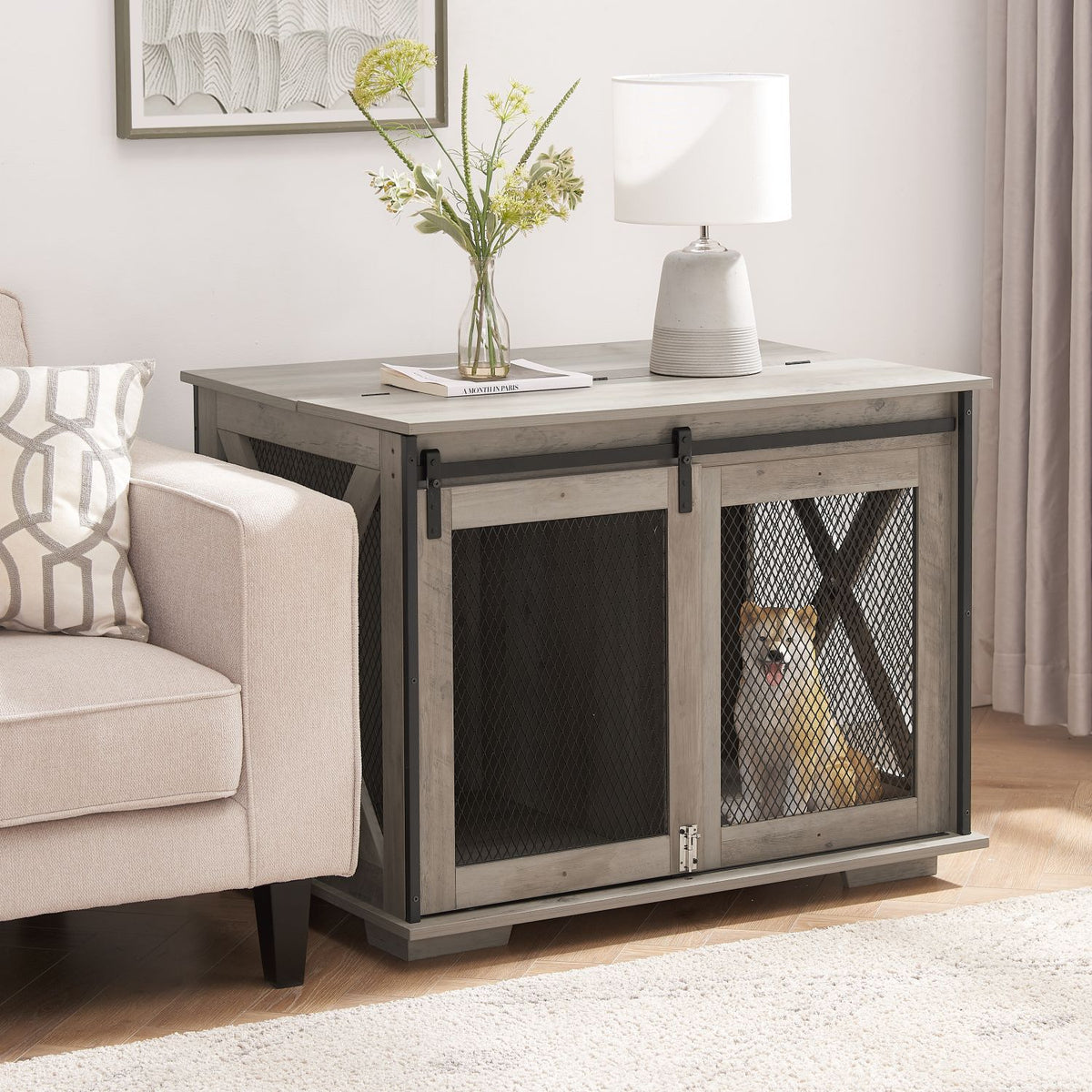 Doba Farmhouse Dog Cage Crate Furniture with Sliding Barn Door, Farmhouse Wooden Dog Kennel End Table with Flip-top Plate Dog House with Detachable Divider for Small/Medium/Large Dog Gray