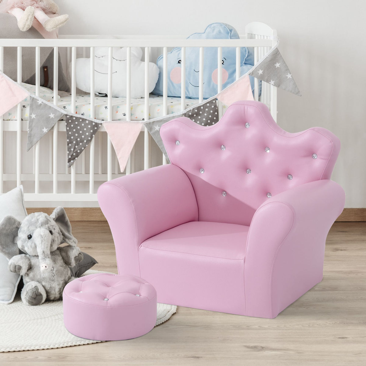 Doba Kids Sofa Set with Footstool, Princess Theme, Diamond Decoration - Cozy Furniture for Children