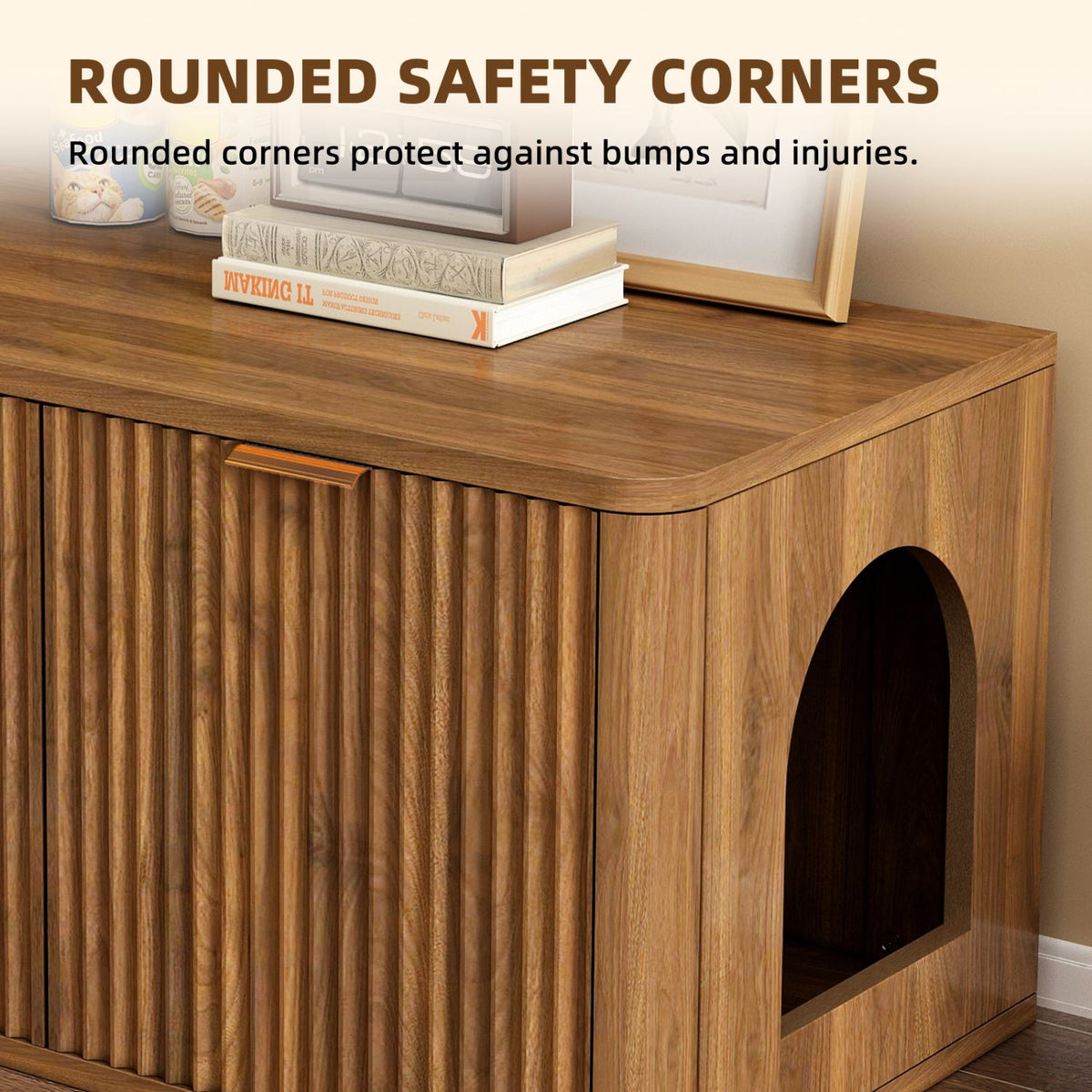 Doba 31.5" Walnut Cat Litter Box Enclosure Furniture, Large Decorative Hidden Litter Box Cabinet, Fluted Mid Century Modern Kitty End Table for Living Rooms, Bedrooms, Entryways (WALNUT)