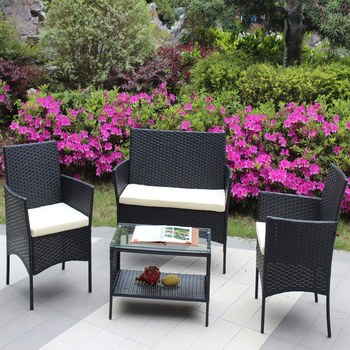 Doba 4 PC Rattan Patio Furniture Set Outdoor Patio Cushioned Seat Wicker Sofa