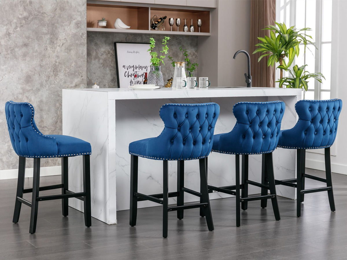 Doba A&A Furniture,Contemporary Velvet Upholstered Wing-Back Barstools with Button Tufted Decoration and Wooden Legs, and Chrome Nailhead Trim, Leisure Style Bar Chairs,Bar stools,Set of 2 (Blue),SW1824BL
