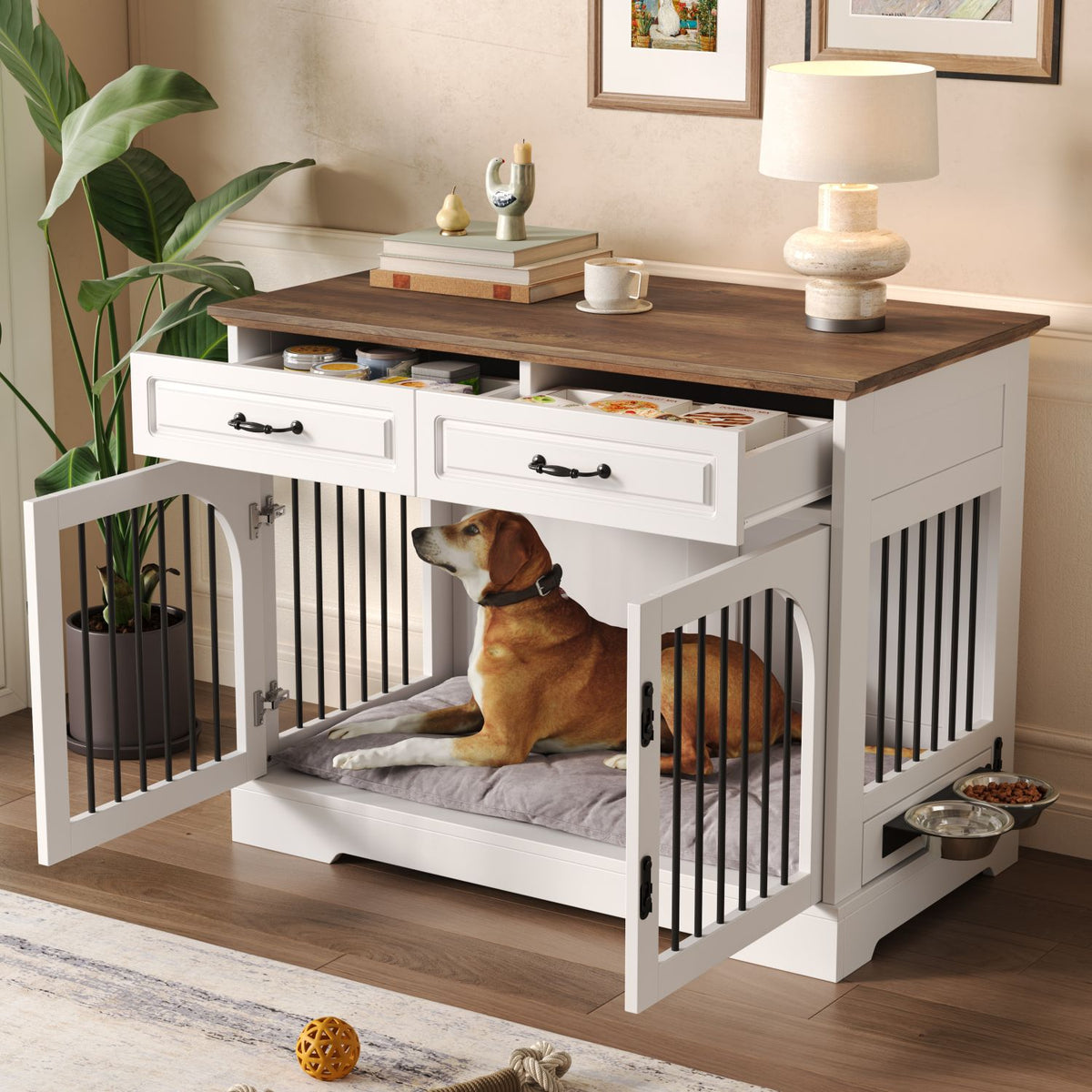 Doba 43.3" Farmhouse Dog Crate Furniture, Wooden Dog Kennel with 2 Storage Drawers and Rotating Food Bowls, Secure Metal Bar Crate for Lage & Medium Dogs, Indoor Dog Crate Side Table, White and Brown