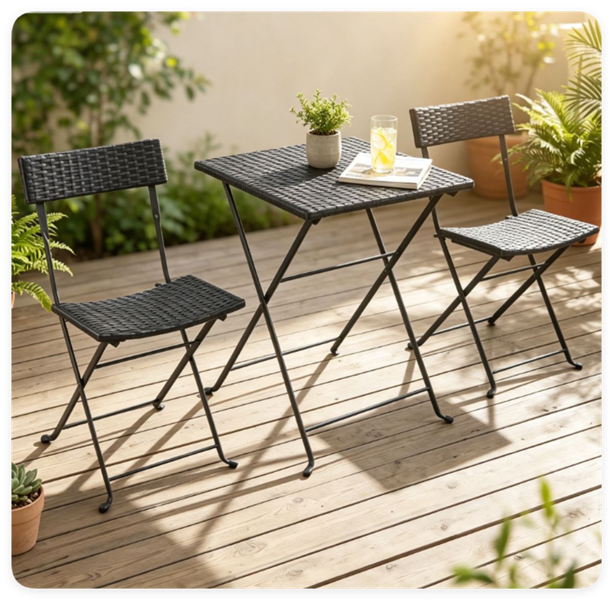 Doba 3 Piece Folding PE Rattan Bistro Set, Black Wicker Patio Dining Set with 1 Coffee Table & 2 Ergonomic Chairs, Foldable Outdoor Furniture for Garden Backyard Poolside
