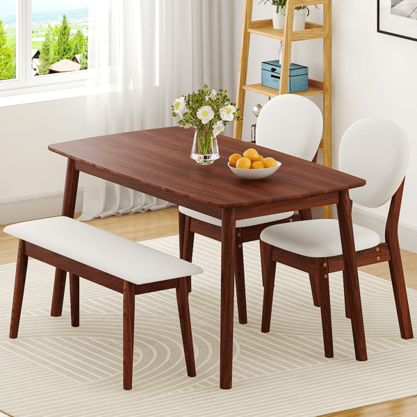 Doba 1 Table 2 Chairs 1 Bench Dining Set, Rubber Wood Frame with Beige Upholstered Seats, Deep Walnut Finish Rectangular Kitchen Dining Furniture
