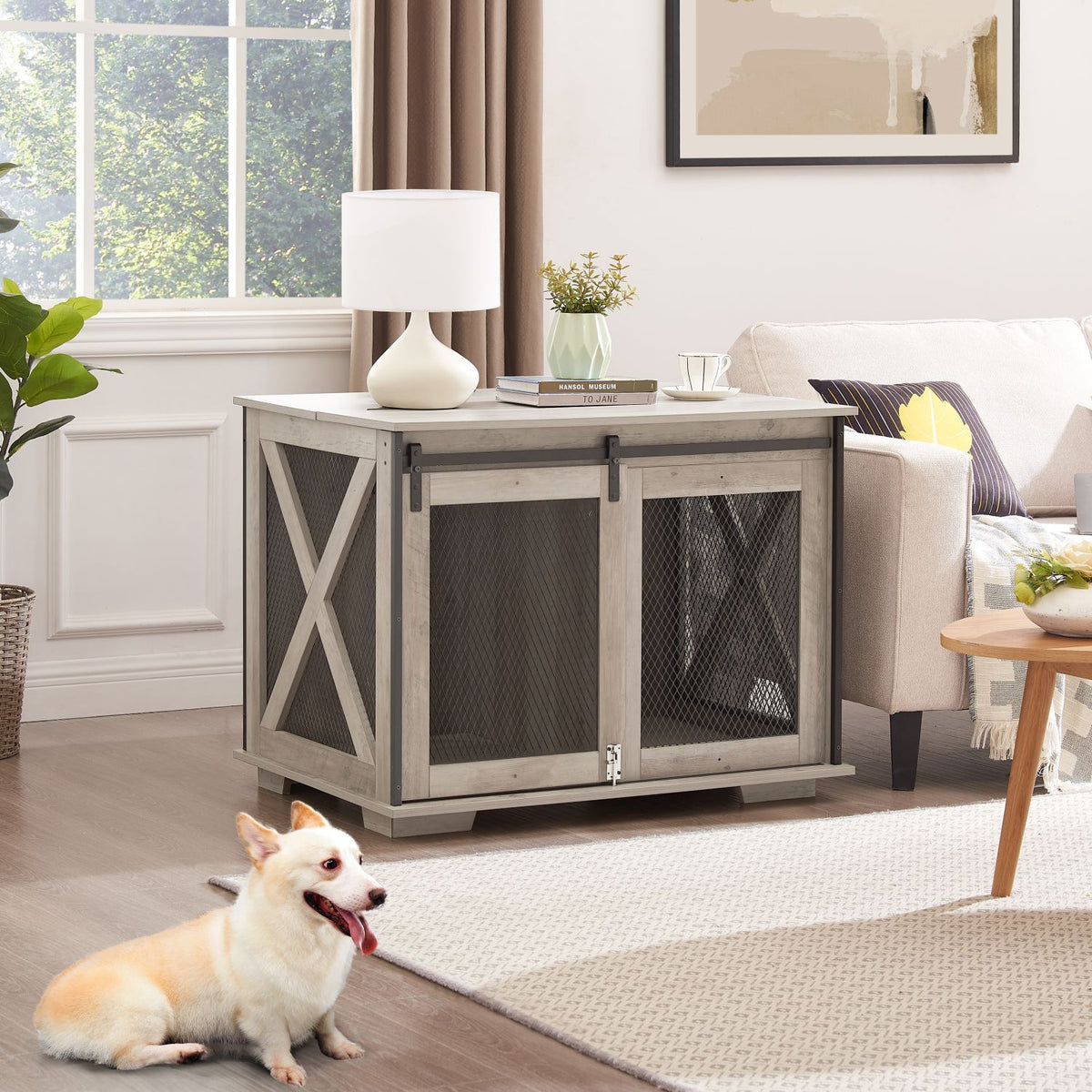 Doba Farmhouse Dog Cage Crate Furniture with Sliding Barn Door, Farmhouse Wooden Dog Kennel End Table with Flip-top Plate Dog House with Detachable Divider for Small/Medium/Large Dog Gray
