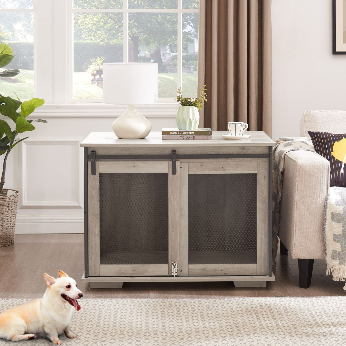 Doba Farmhouse Dog Cage Crate Furniture with Sliding Barn Door, Farmhouse Wooden Dog Kennel End Table with Flip-top Plate Dog House with Detachable Divider for Small/Medium/Large Dog Gray