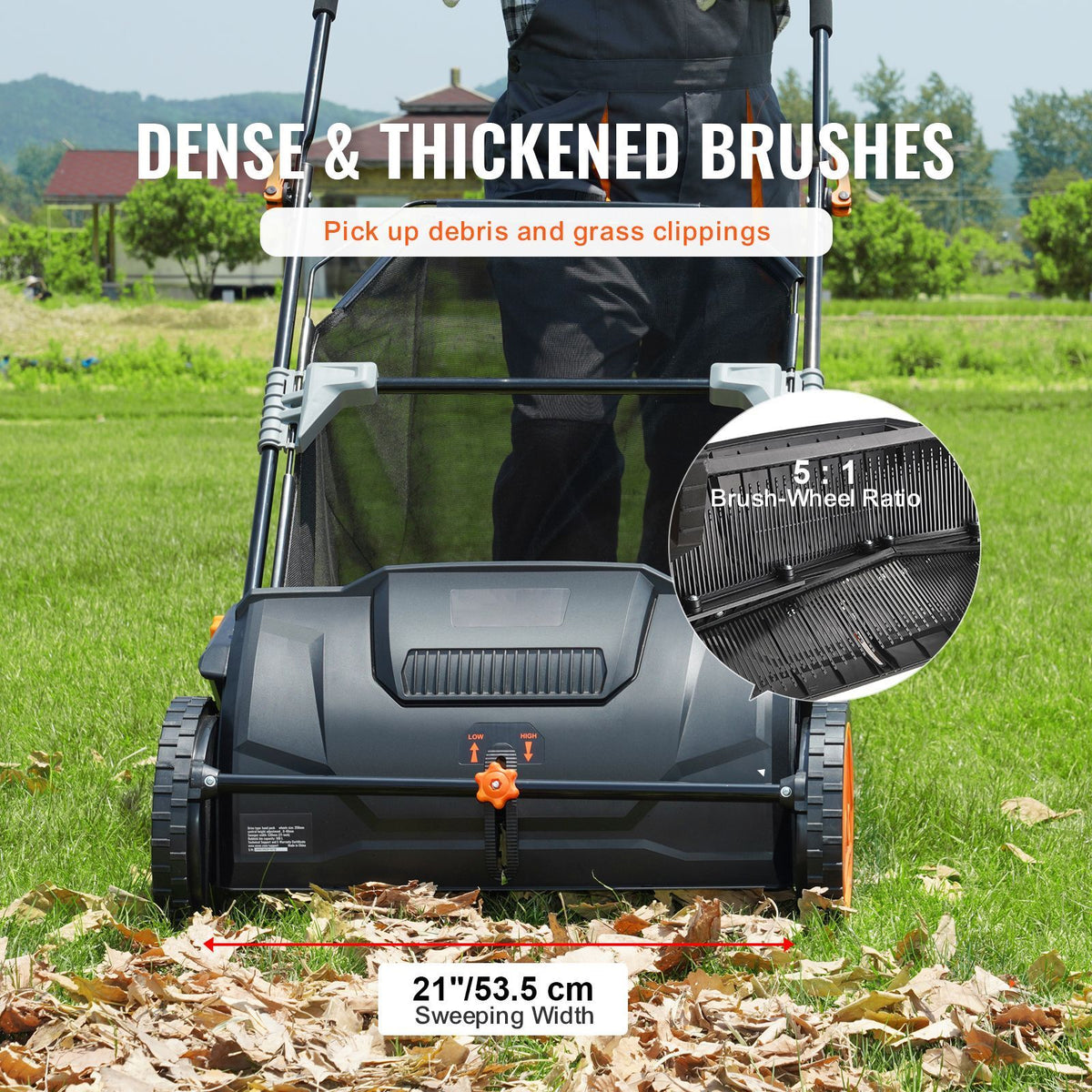Doba Push Lawn Sweeper, 21inch Leaf & Grass Collector, Strong Plastic Wheels & Heavy Duty Thickened Steel Durable to Use with Large Capacity 3.5 cu. ft. Mesh Collection Hopper Bag, 2 Spinning Brushes