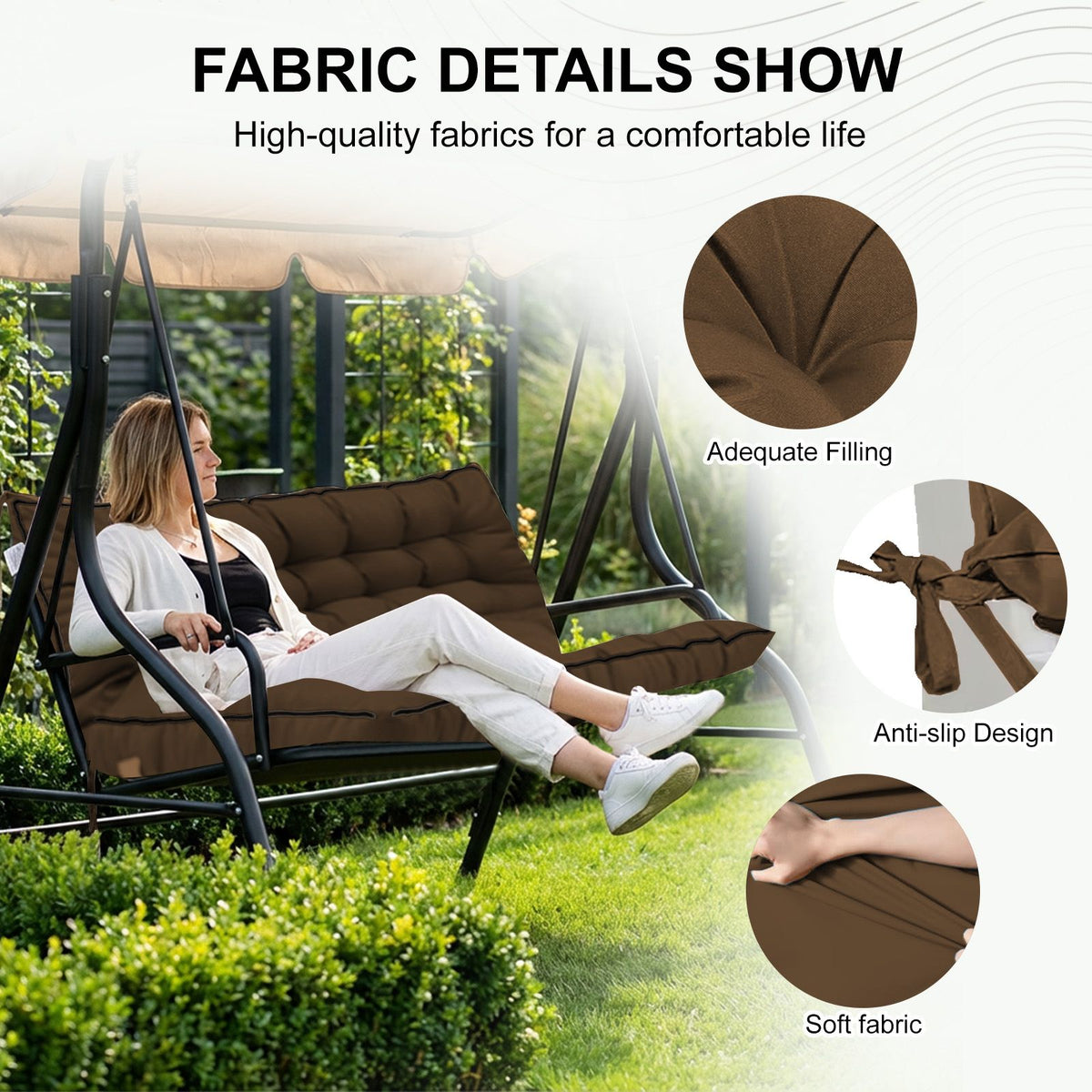 Doba Outdoor Swing Cushions 55 Inch, Waterproof 4" Thick Porch Swing Cushion Replacement with Backrest and Ties, Comfortable 2-3 Seat Pation Swing Pad for Backyard, Garden, Lawn, Outdoor Furniture coffee