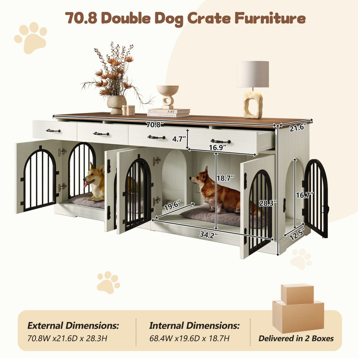 Doba 70.8" Large Dog Crate Furniture for 2 Dogs, Dog Kennel Indoor with Removable Divider Door and 4 Storage Drawers, End Table, Dog Crate TV Stand with 4 Doors for Medium Small Dogs, White and Brown