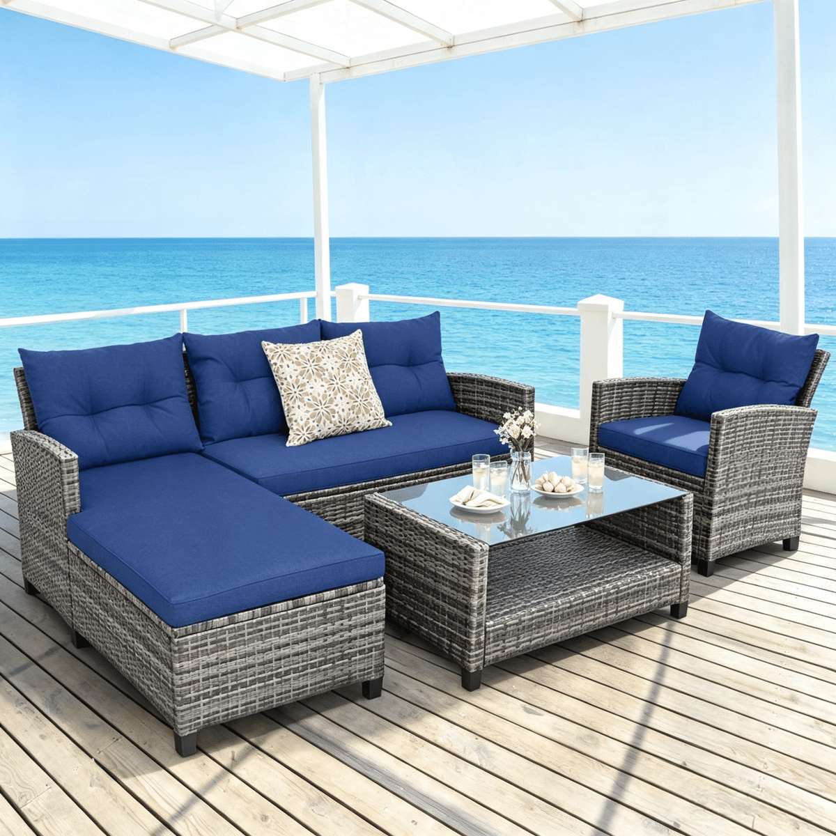 Doba 4 Pieces Patio Sofa Set Rattan Furniture with Cushion And 2-Tier Coffee Table Outdoor Living Room Set
