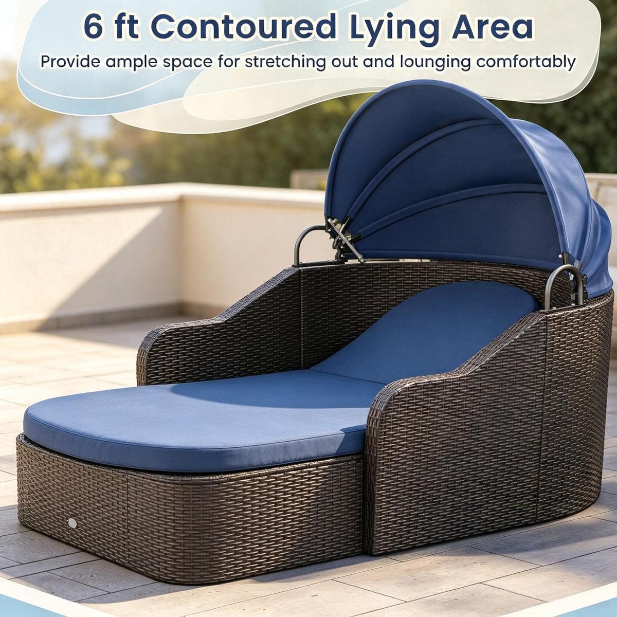 Doba Patio PE Rattan Daybed Outdoor Sofa Set with Retractable Canopy Soft Cushions Comfortable Relaxing Garden Furniture