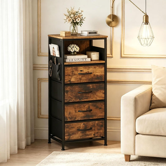 Doba Modern Nightstand with Integrated Charging Station Bedside Table 34" for Bedroom Furniture And Storage Rustic Brown + Black