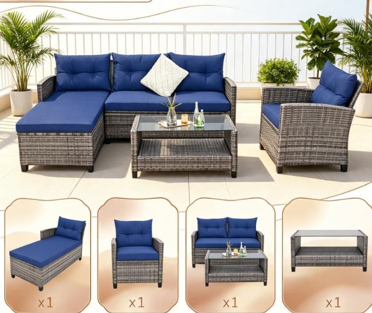 Doba 4 Pieces Patio Sofa Set Rattan Furniture with Cushion And 2-Tier Coffee Table Outdoor Living Room Set