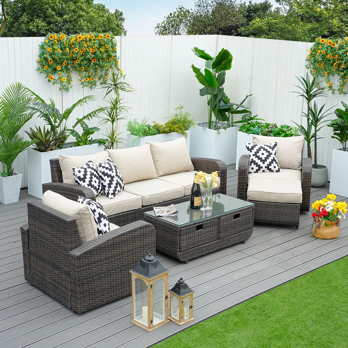 Doba Direct Wicker 5-Piece Outdoor Rattan Furniture Patio Conversation Set with Cushion Brown Wicker