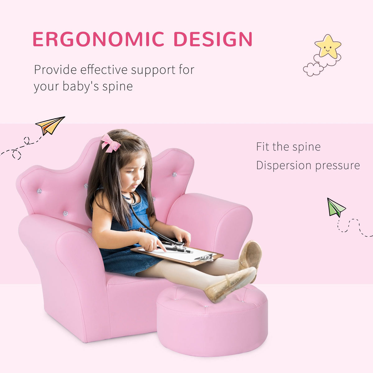 Doba Kids Sofa Set with Footstool, Princess Theme, Diamond Decoration - Cozy Furniture for Children