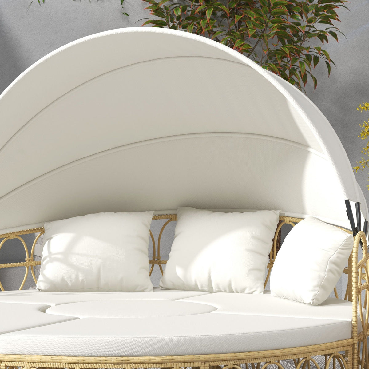 Doba Patio Furniture Set, Round Outdoor Daybed with Retractable Canopy, Hollow Wicker PE Rattan Sectional Sofa with Cushions for Pool, Lawn, Beige