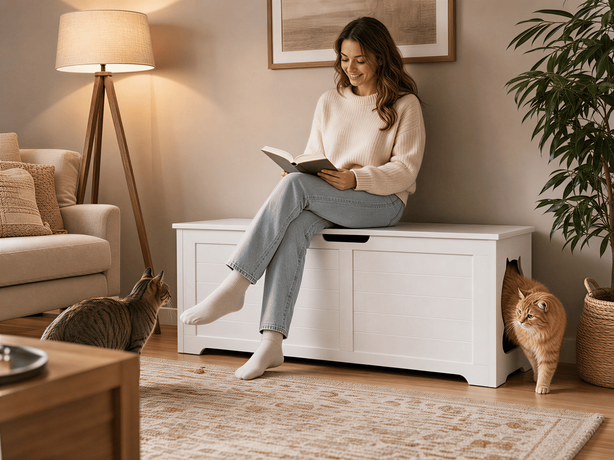 Doba 39.4" Top open Cat Litter Box Enclosure Furniture, Cat Washroom, Hidden Litter Box Cover, Cabinet for Large Cat, Dog Proof Cat Litter Boxes, Hideaway Litter Box, Cat House, White as Pic