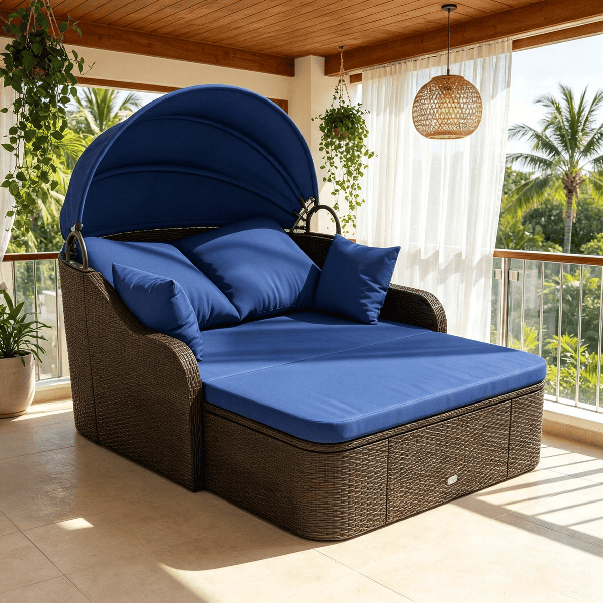 Doba Patio PE Rattan Daybed Outdoor Sofa Set with Retractable Canopy Soft Cushions Comfortable Relaxing Garden Furniture