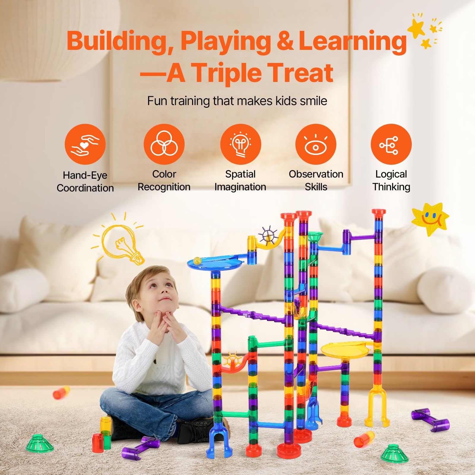 Doba Marble Run Set, 145 Piece Marble Maze Building Block Brain Game, with 5 Glow in the Dark Marbles + 40 Glass Marbles, Educational Learning Race Track STEM Toys, for Kids, Boys, Girls Ages 3 +