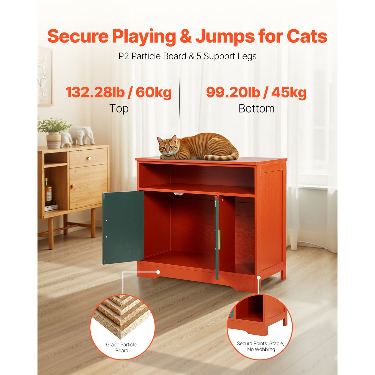Doba Cat Litter Box Enclosure, 31 in Hidden Litter Box Cabinet with Shelf & Storage, Modern Style Indoor Cat Washroom, Wooden Kitty House Furniture End Table, Fit Most Litterboxes, Red & Green