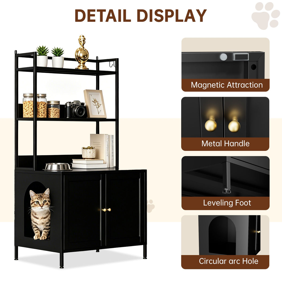 Doba Metal Cat Litter Box Enclosure, 57" Tall Hidden Litter Box Cabinet with 3 Tier Storage Shelves, Large Indoor Cat House with Doors & 4 S-Hooks, Odor Control Pet Washroom Furniture for Large Cats, Black