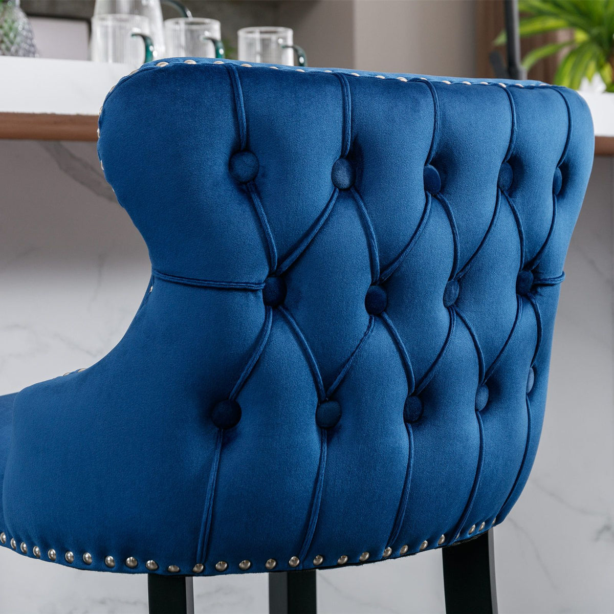 Doba A&A Furniture,Contemporary Velvet Upholstered Wing-Back Barstools with Button Tufted Decoration and Wooden Legs, and Chrome Nailhead Trim, Leisure Style Bar Chairs,Bar stools,Set of 2 (Blue),SW1824BL