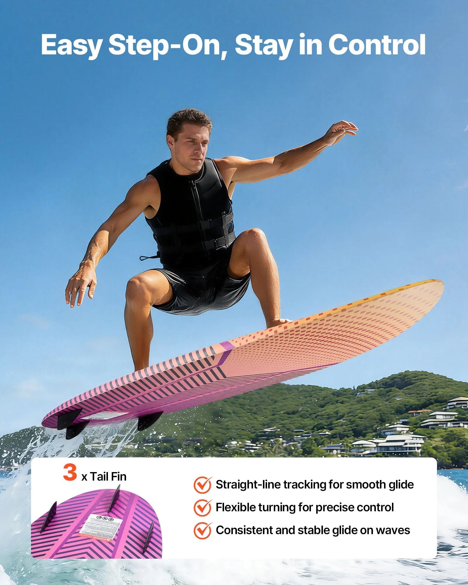 Doba 63-Inch Wakesurf Board, Wake Surfing Board with EPS Foam Core, EVA Non-Slip Pad & 3 Tail Fins, UV-Resistant Wakesurfing Boards for Adults Up to 250 lbs