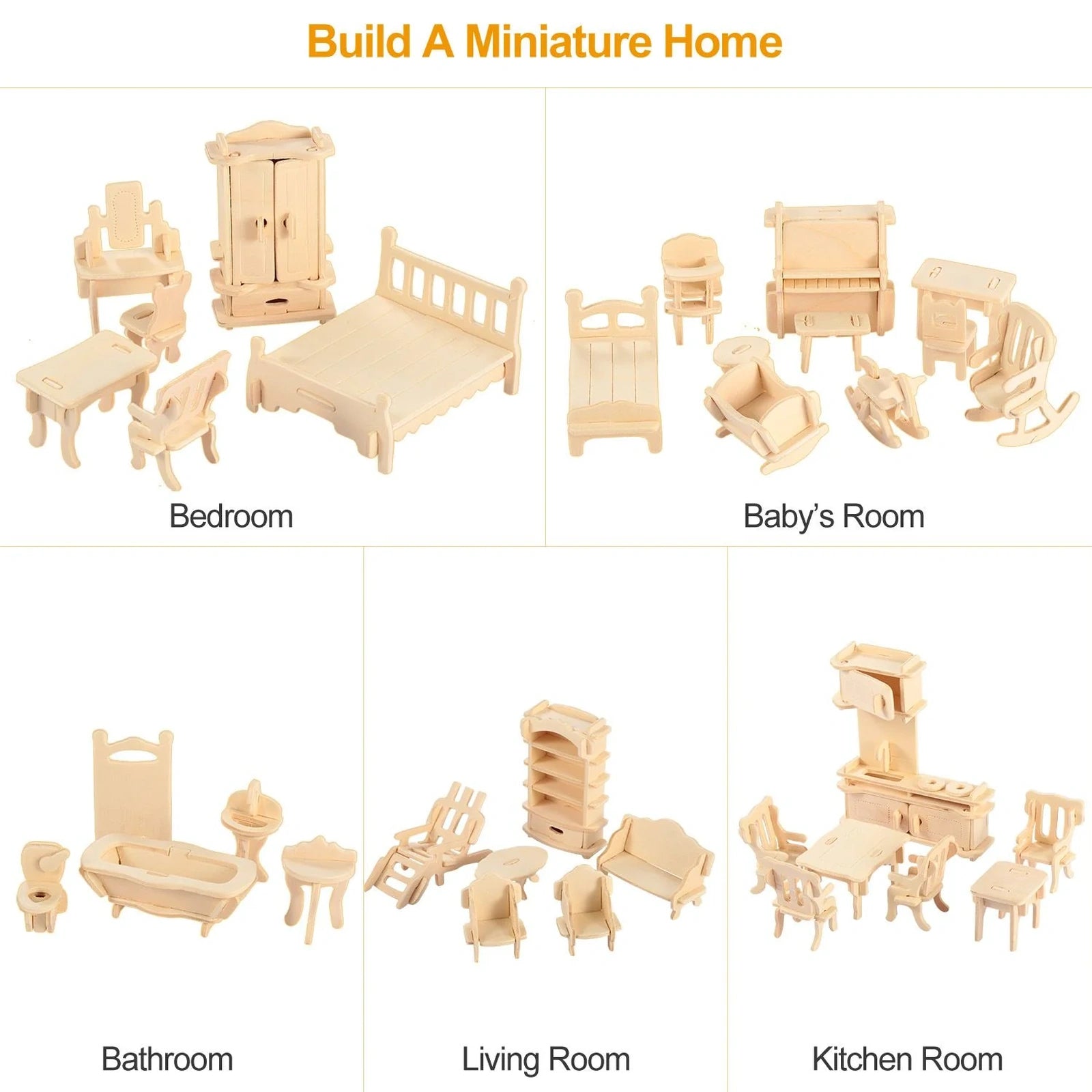 Doba 3D Wooden Dollhouse Furniture Puzzles DIY Miniature Furniture Models Set