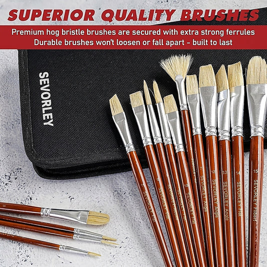 Doba Artist Paint Brush Set (15pc) - Short Handle Hog Bristle Brushes for Oil, Acrylic, Gouache, Watercolor - Includes Pop-Up Case, Palette Knife & Sponges - Professional Art Supplies
