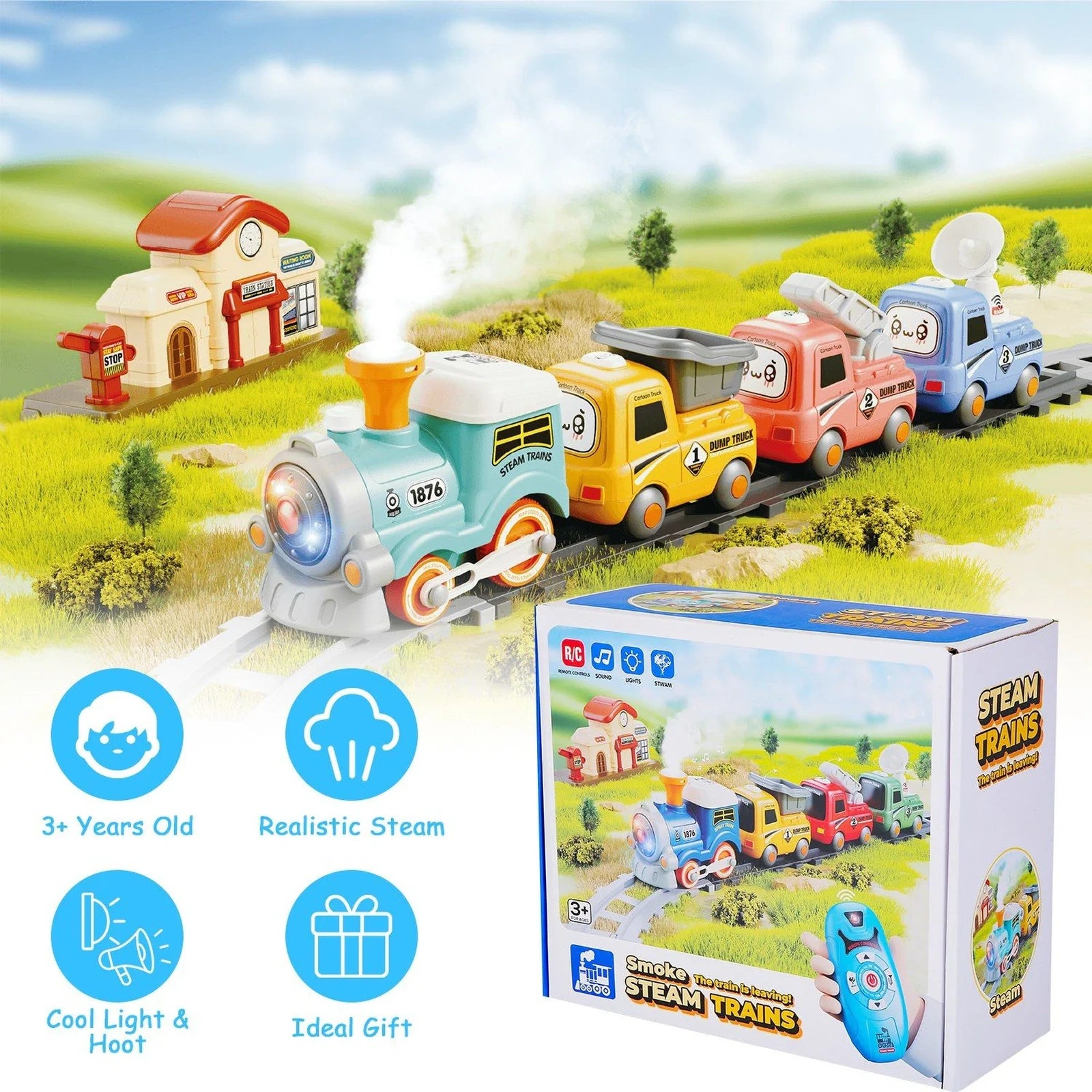 Doba Kids Electric Train Set with Remote - Immersive Play with Authentic Train Sounds, Smoke Effects & Colorful Lights, Magnetic Connection Locomotive + 3 Trucks, Easy Assembly Tracks & Accessories, Perfec as pic