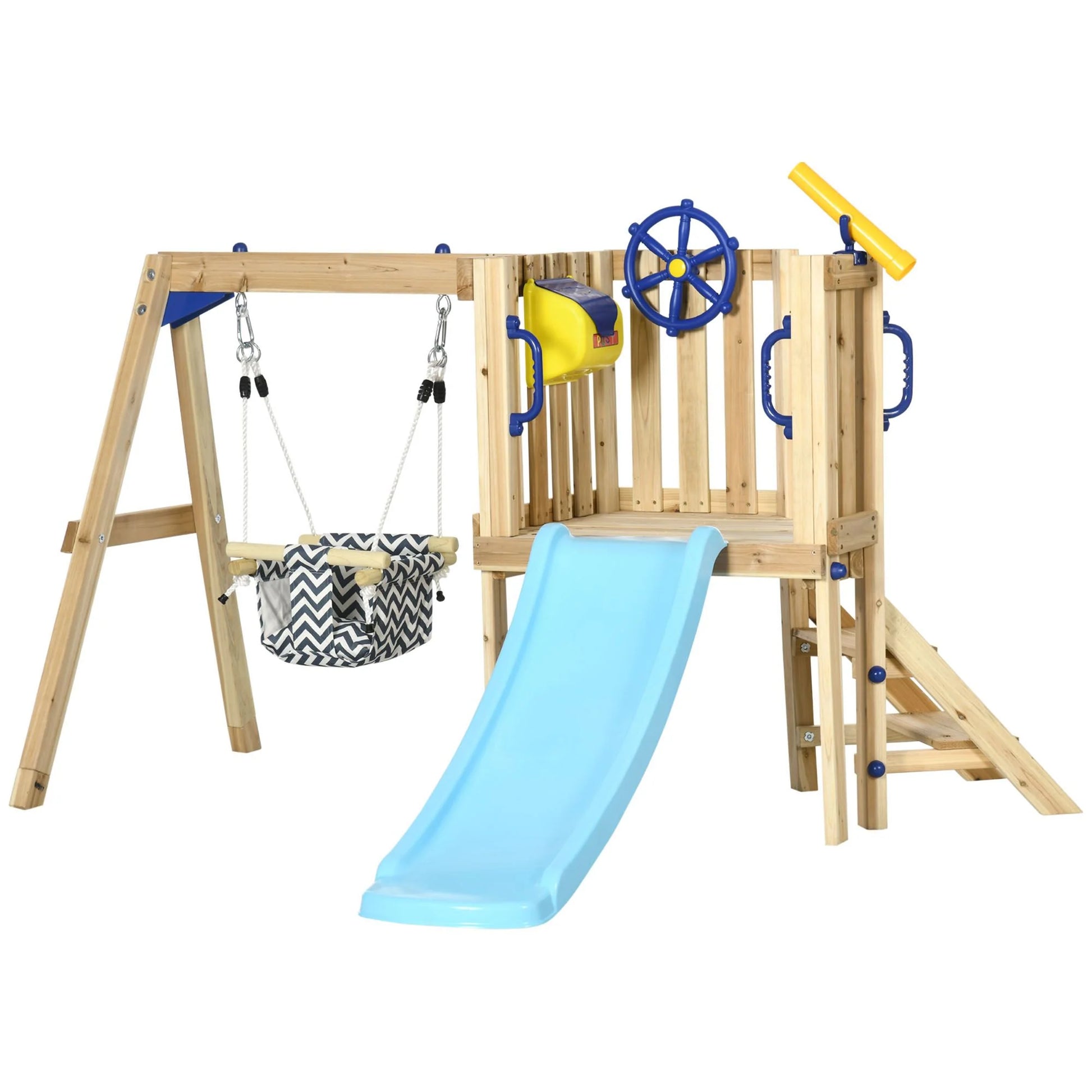 Doba 3-in-1 Wooden Swing Set with Slide, Swing Seat, Fort, Wheel, Telescope & Mailbox, for 1.5-4 Years Old, Children's Outdoor Toys