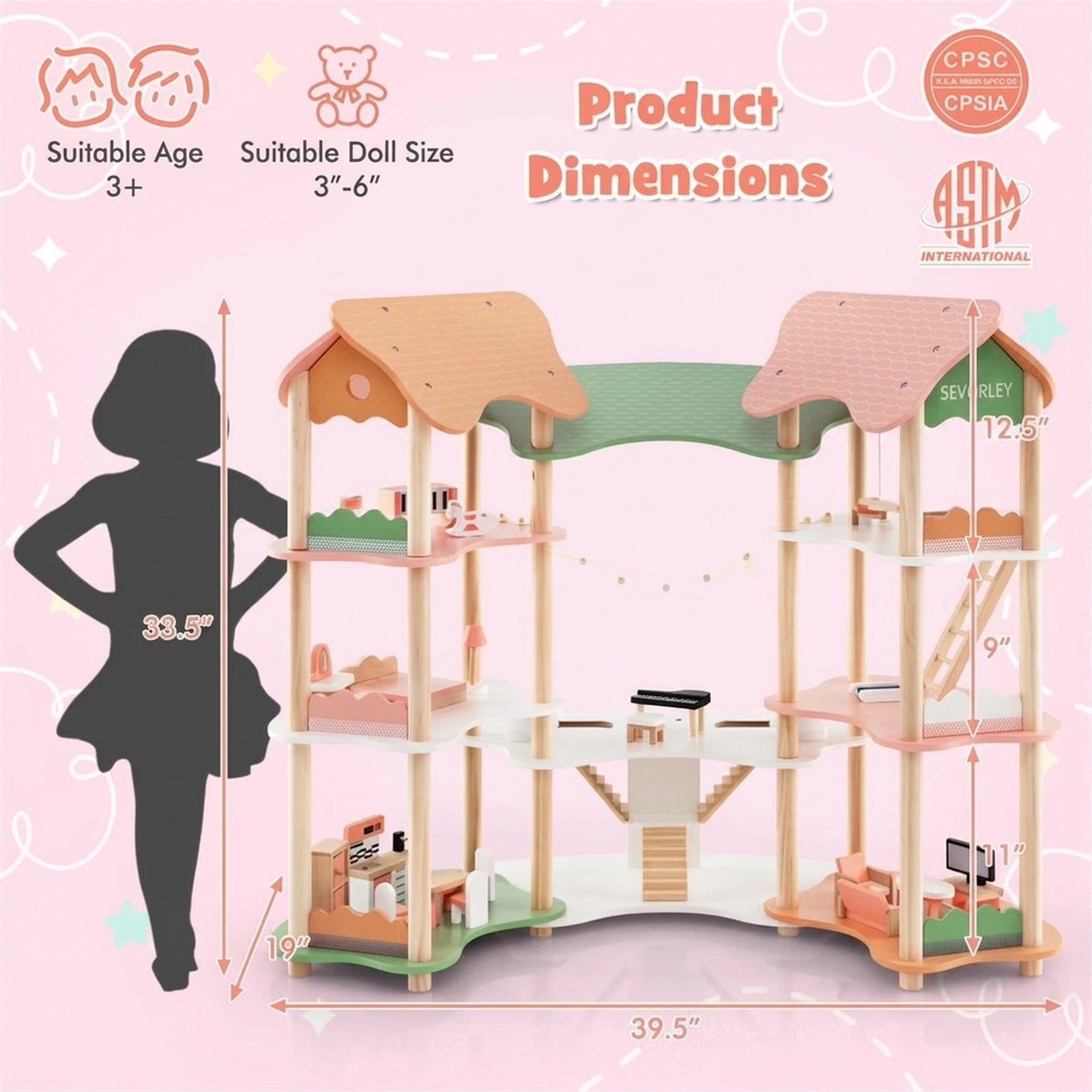Doba 3-Tier Dollhouse with 7 Rooms & 31 Cute Furniture, MDF+Pine Wood Corner Design Kids Toy