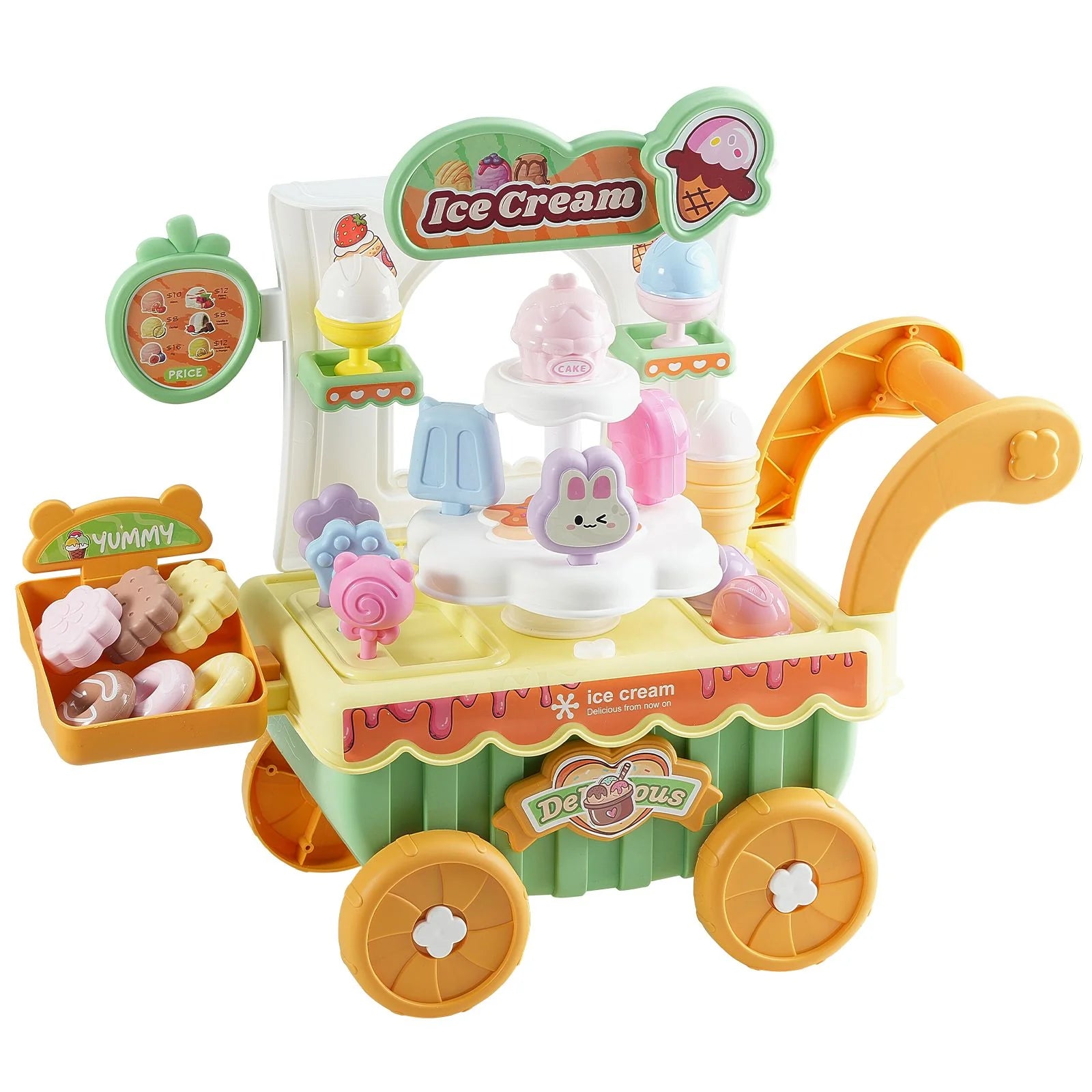 Doba Ice Cream Cart for Kids, 27 PCS Accessories, Pretend Play Store with Storage Trolley with Pretend Money, Sound & Light Effects, Montessori Educational Ice Cream Truck Toys for Toddlers 3+