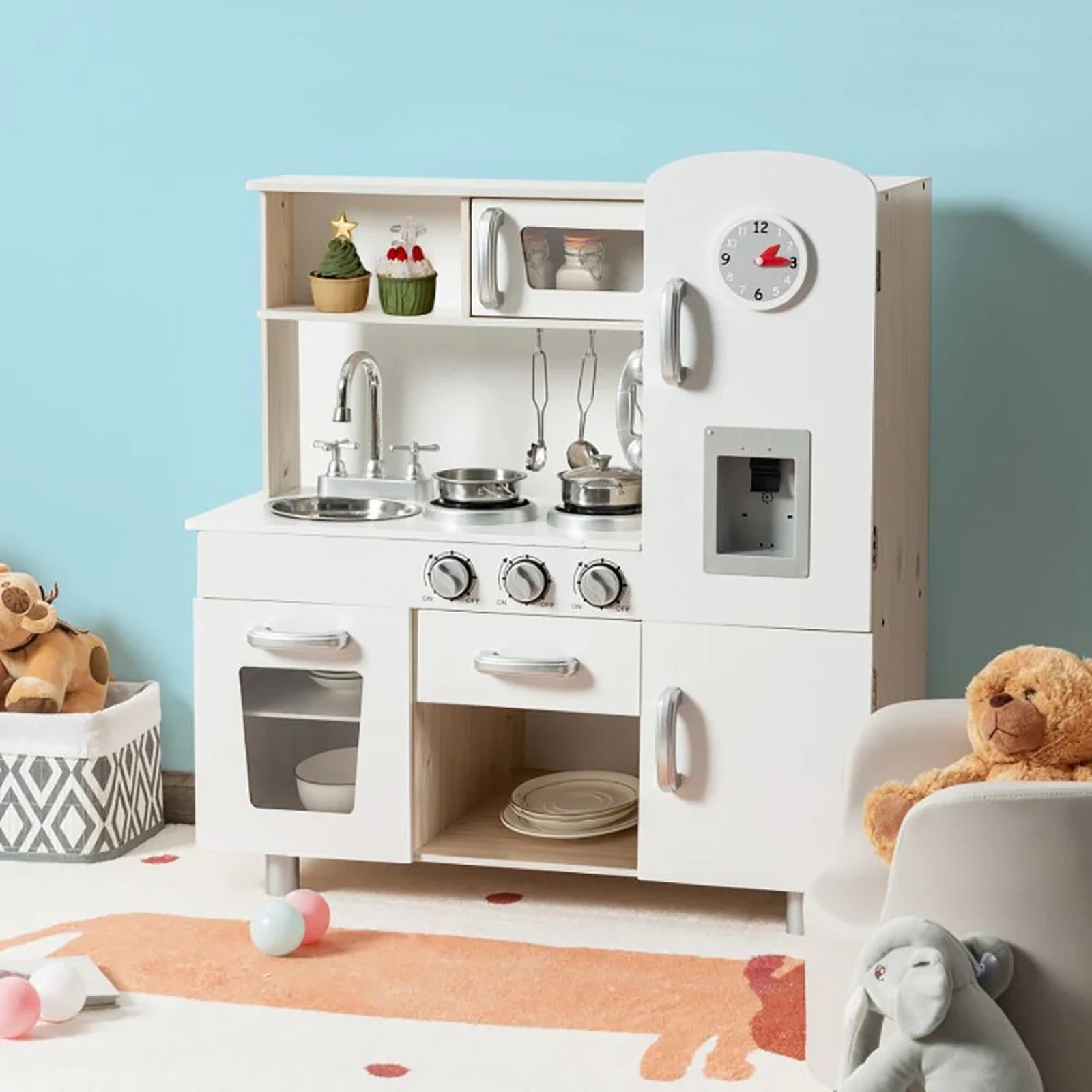 Doba Vintage Play Kitchen Pretend Kids Cooking Playset Toys with Water Dispense White