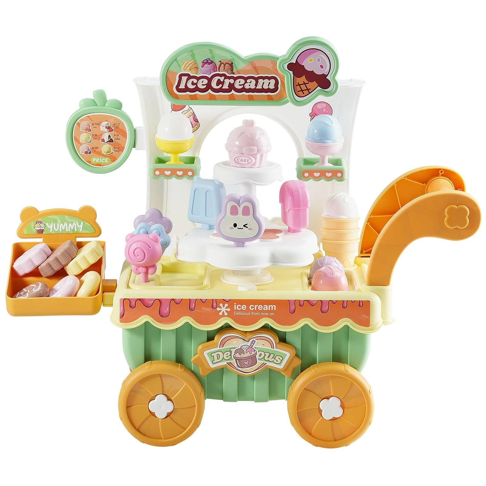 Doba Ice Cream Cart for Kids, 27 PCS Accessories, Pretend Play Store with Storage Trolley with Pretend Money, Sound & Light Effects, Montessori Educational Ice Cream Truck Toys for Toddlers 3+