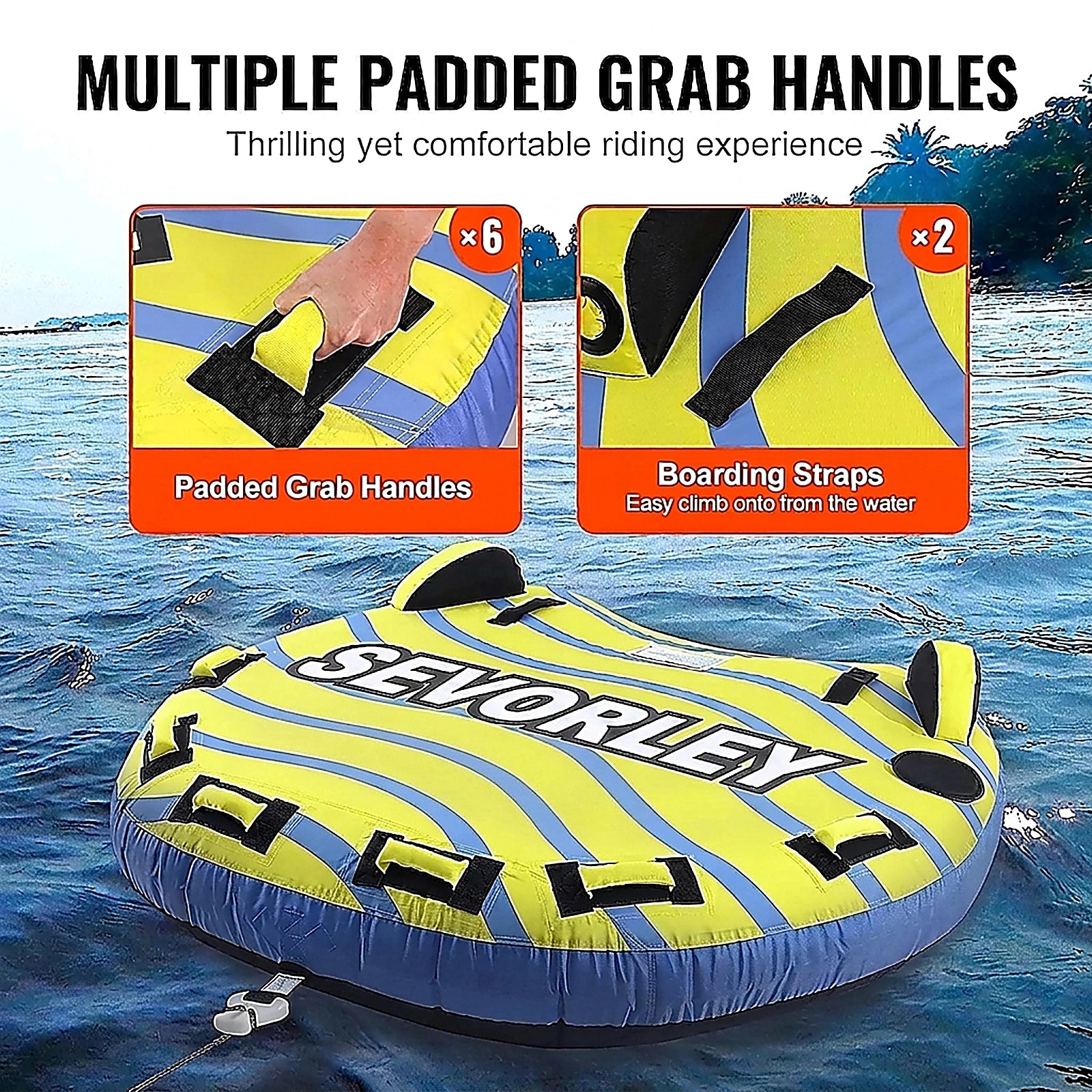 Doba Towable Tube for Boating, 1-3 Riders Inflatable Towable Tube with Bumper Fins, 510 lbs Water Sport Towable Tubes for Boats to Pull, Full Nylon Cover, EVA Grab Handles and Speed Safety Valve