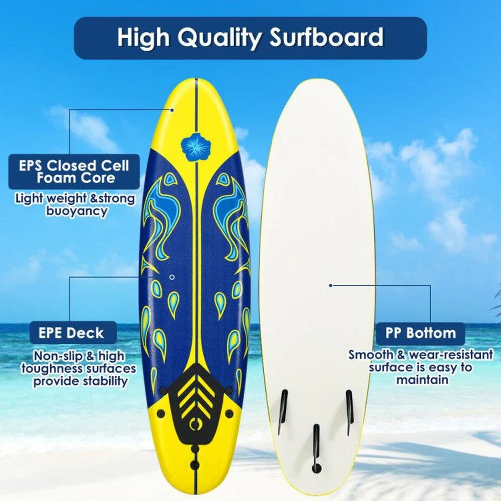 Doba 6 Feet Surfboard with 3 Detachable Fins