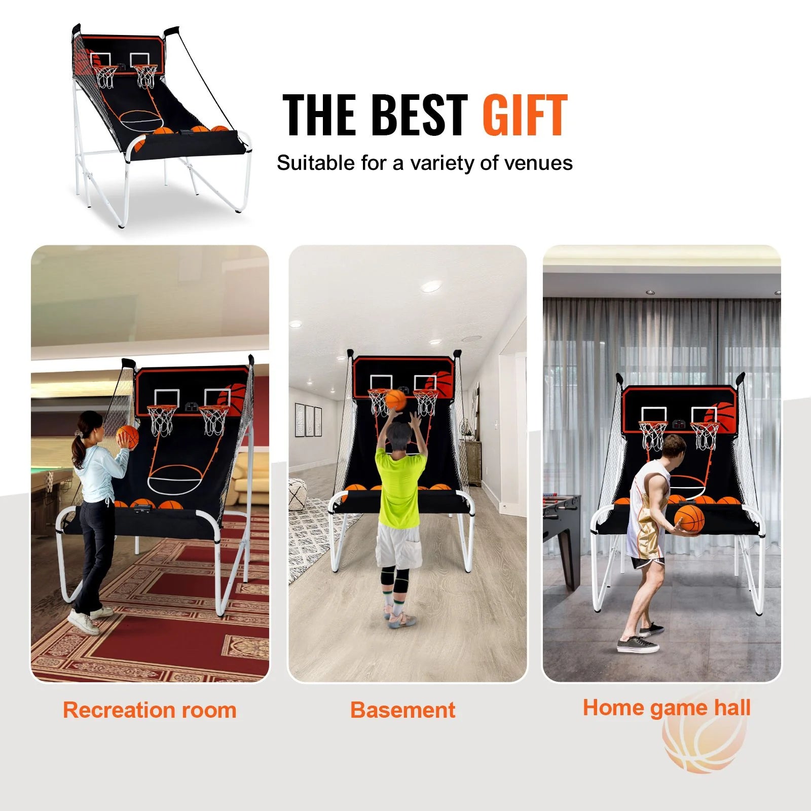Doba Foldable Basketball Arcade Game, 2 Player Indoor Basketball Game, Home Dual Shot Sport with 5 Balls, 8 Game Modes, Electronic Scoreboard, and Inflation Pump, for Kids, Adults (Black & White)